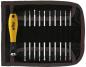 Preview: The image displays a black tool roll with red accents. Inside the roll, there are several screwdriver bits, which are slender and vary in length, as well as a yellow screwdriver with a black handle.