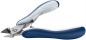 Preview: The image shows a nail scissors with a curved blade. The handle is ergonomically shaped and features a blue and gray color combination. The blade is sharp and shiny.