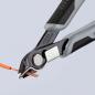 Preview: The image shows a pair of pliers with black and gray handles. The pliers are cutting an orange cable bundle. The cutting area is designed to be precise and sharp.