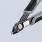 Preview: The image shows a diagonal pliers with a black and gray grip area. The cutting edge is sharp and shiny, ideal for precise cutting of wires or fine materials.