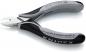 Preview: The image displays a small, serrated side cutting pliers with an ergonomic handle made of black and gray plastic. The pliers feature a sharp cutting edge and an engraved brand name.