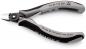 Preview: The image shows a small flat-nose pliers with gray and black rubber grips. The jaws of the pliers are narrow and pointed, ideal for cutting. The model number and brand name are embossed on the handle.
