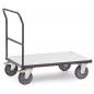 Preview: The image shows a flat transport cart with a sturdy, rectangular base and a high-grade handle. It has four large wheels that are mobile and move smoothly.