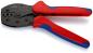 Preview: The image shows a crimping tool with red and blue handles. The tool has a black, textured working surface with various notches for crimping cable connections.