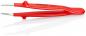 Preview: The image shows a red pair of pliers with two long, narrow tips. It is ergonomically shaped and has a smooth surface. The tips are slightly curved and the pliers are open.