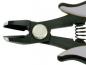 Preview: The image shows a pair of pliers with a black and white handle. The head section is open and has sharp, pointed edges. There is a spring in the middle for support.