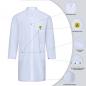 Preview: The image shows a white lab coat with long sleeves. It has a practical, straightforward shape, two pockets at the front, and a yellow logo on the left chest side.