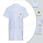 Preview: The image shows a white coat with a neat, short design. It has two large pockets, a collar, and a yellow warning symbol on the left chest side.