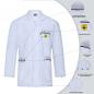 Preview: The image displays a white lab coat featuring various details: a chest pocket, a warning symbol, special fabrics, and notes on functionality.