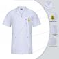 Preview: The image shows a short-sleeved white shirt. It features a classic collar and a sewn-on yellow label. Around the shirt, various details about the material composition are displayed.