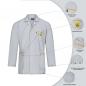 Preview: The image shows a white lab coat. It features a lapel collar, a chest pocket with a safety symbol, and numerous markings that highlight various properties and functions of the coat.