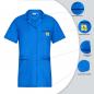 Preview: The image shows a short, blue work shirt with a collar and a chest pocket. Various details such as breathable material and durable fabric are highlighted.