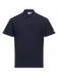Preview: The image shows a simpler, dark blue polo shirt. It has a collar, a short button placket, and a chest pocket on the left side. A small logo is attached to the right sleeve.