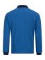 Preview: The image shows a long-sleeved, blue polo shirt with a dark collar. The fabric has a fine, textured surface and the sleeves end with narrow cuffs.