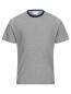 Preview: The image shows a gray striped T-shirt with a tight, dark blue crew neck. There is a small, yellow logo on the left shoulder.