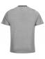 Preview: The image shows a gray striped T-shirt with a blue collar. It has short sleeves and a simple, casual shape. The stripes are narrow and evenly spaced.