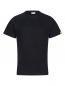 Preview: The image shows a simple, black short-sleeved T-shirt. It has a round neckline and a straight cut. There is a small yellow logo on the left sleeve.