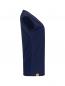Preview: The picture shows a sleeveless, dark blue T-shirt made of a smooth fabric. It has a round neckline and a straight side line. At the bottom, the shirt is adorned with a small yellow logo.
