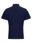 Preview: The image shows the back of a dark blue polo shirt. It has short sleeves and a high collar. The fabric appears smooth and is solid-colored without any patterns.