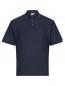 Preview: The image shows a short-sleeved polo shirt in navy blue with fine horizontal stripes. It features a classic collar, three buttons, and is made from a comfortable, soft fabric.