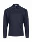 Preview: The image shows a dark blue polo shirt with long sleeves. It features a classic collar and fine vertical stripes. There is a yellow detail on the sleeve.