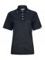 Preview: The image shows a black polo shirt with short sleeves. It features a classic collar, four buttons, and fine horizontal stripes. A yellow logo is located on the left sleeve.