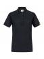 Preview: The image shows a black polo shirt with short sleeves and a classic collar. It features three buttons at the front and fine horizontal stripes. There is a yellow logo at the hem.
