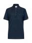 Preview: The image shows a dark blue polo shirt with short sleeves. It features a stylish collar and three buttons on the front. There is a yellow logo on one sleeve.