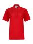 Preview: The image shows a red polo shirt. It has a collar and three buttons at the front. The surface is slightly textured. There is a small logo on one sleeve.