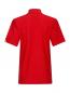 Preview: The image displays a red polo shirt from the back view. It features a short collar and short sleeves. There is a small, colored logo on one sleeve. The surface is textured.