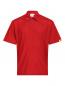 Preview: Das Bild zeigt ein rotes Poloshirt mit kurzen Ärmeln und einem klassischen Kragen. Es hat eine gerade Form und drei Knöpfe vorne. Ein kleiner gelber Aufnäher ist an einem Ärmel angebracht.