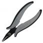 Preview: The image shows a small, curved pair of pliers with long, narrow jaws. The handle is ergonomically shaped, black and gray, and provides a good grip during work. The pliers are well suited for delicate tasks.