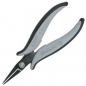 Preview: The image shows a pair of pliers with long, pointed blades. The handle is ergonomically designed and made of gray and black plastic to provide a secure grip.