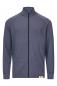 Preview: The image shows a dark blue jacket with a full-length zipper and a stand-up collar. It has long sleeves and a fine stripe pattern. There is a small yellow label at the bottom edge.