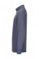 Preview: The image displays a long-sleeved, navy blue shirt in a side view. It features a stand-up collar and a fine, striped texture. There is a small yellow accent at the bottom hem.