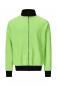Preview: Das Bild zeigt eine grüne Jacke mit einem Reißverschluss und einem Stehkragen. Die Jacke hat einen schmalen, gestreiften Stoff und schwarze Bündchen an den Ärmelenden und am Saum.