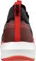 Preview: The image shows the rear view of a sporty shoe. It is black with red accents and has a white sole. There is a logo on the top and the structure is striped.
