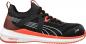 Preview: The shoe is black with red accents. It has a low lacing, reinforced sides, and a white sole with special cushioning. The design is sporty and modern.