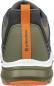 Preview: The image shows the rear view of a sports shoe. The color is primarily gray with olive green and white elements. An orange tab is also visible, featuring a logo.