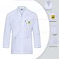Preview: The image shows a white lab coat with long sleeves. It features a small collar, a chest pocket with a yellow ESD protection symbol, and three functional pockets.