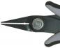 Preview: The image shows a pair of pliers with two long, narrow jaws. The handles are black with white inserts. Button in the middle for opening and closing the pliers. The jaws have a serrated edge.