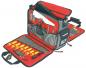 Preview: The image shows a large, open tool bag with gray exterior and red lining. Various tools, including screwdrivers and pliers, are neatly arranged and ready to use.