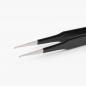 Preview: The image shows a black tweezer with long, narrow tips. The upper parts are made of metal, while the handle is made of black plastic and is slightly curved.