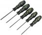 Preview: In the picture, there are five black screwdrivers with ergonomic handles. Each screwdriver has a different length and is labeled with greenish writing.