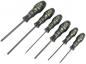 Preview: The image displays a series of screwdrivers in various sizes. They have black handles with yellow markings for identification. The blades are metallic and pointed.