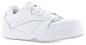 Preview: The image shows a white Reebok sneaker. It has a smooth, shiny surface, round laces, and a sporty design with side lines and a thick rubber sole profile.