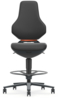 Preview: The image shows a modern office chair with a high, ergonomically shaped back. The seat is round and cushioned, mounted on a sturdy base with casters and an outer ring for footrest.