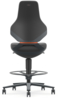 Preview: The image shows a modern swivel chair. It has a tall, ergonomic backrest and a padded seat. The base is black with casters and a round footrest.