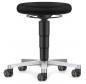Preview: The image shows a black stool with a round seat and a sturdy, adjustable base. It has five silver casters and a black-gray central column for movement.