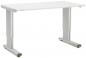 Preview: It is a rectangular, white desk with two silver legs. The tabletop is smooth and has rounded edges. The desk appears modern and simple.